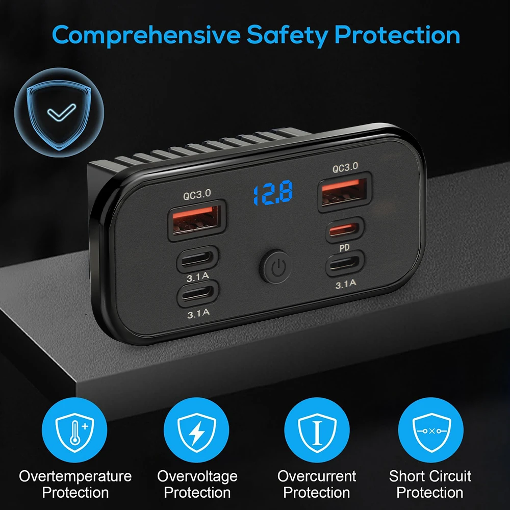 Qc3.0 30W Pd C 18W Usb 111W Fast Charger 3.1A with Switch Voltage Display 6-Port Power Panel for Bus Atv Car Truck Marine