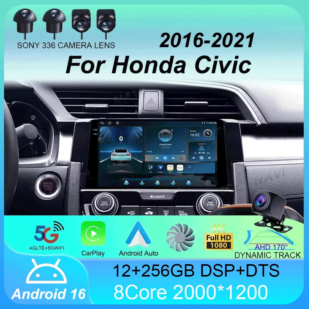 Android 16 Car Radio Carplay Auto For Honda Civic 2016 2017 2018 - 2021 GPS Multimedia WIFI+4G Head Unit BT Player Stereo Video