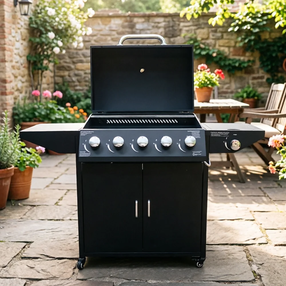 Premium Outdoor Metal 60000BTU Propane G/as Barbecue Grill 5+1 Burners Side Table Cabinet Style BBQ Grill for Backyard Cooking