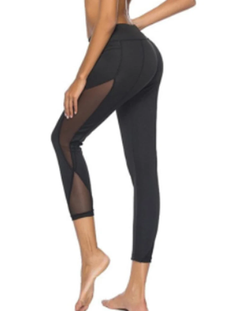 Legginsy Fitness czarna siłownia Capri kobiety patchworkowy, z siatką legginsy sportowe seksowne leginy żeńskie spodnie elastyczne