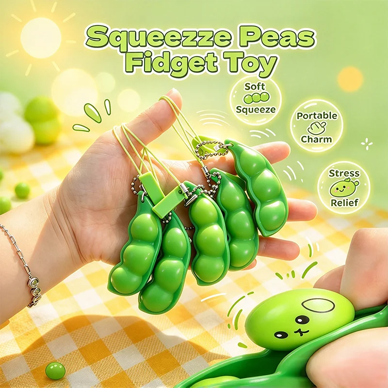 Pop Pea Pod Fidget Toy Keychain, Squeeze Peas Stress Relief Sensory Toy Portable Hand Fidget Charm for Anti-Anxiety Desk Toy