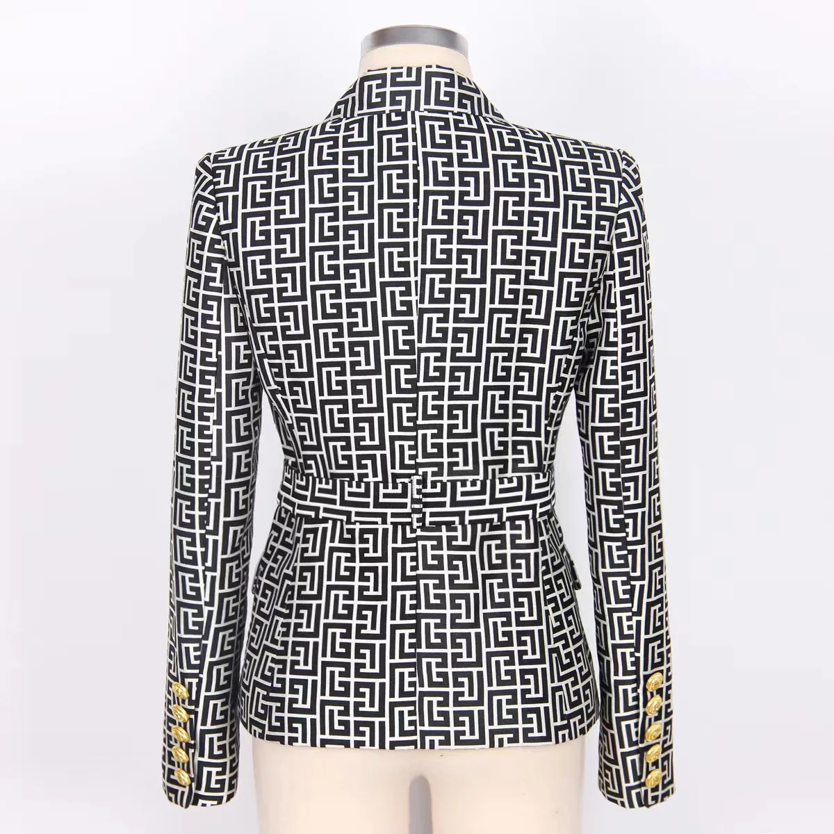 High Quality Blazer 2024 For Women Elegant Suit Gingham Lace-up Notched Gold Buttons Polyester Slim Casual Party Club Summer