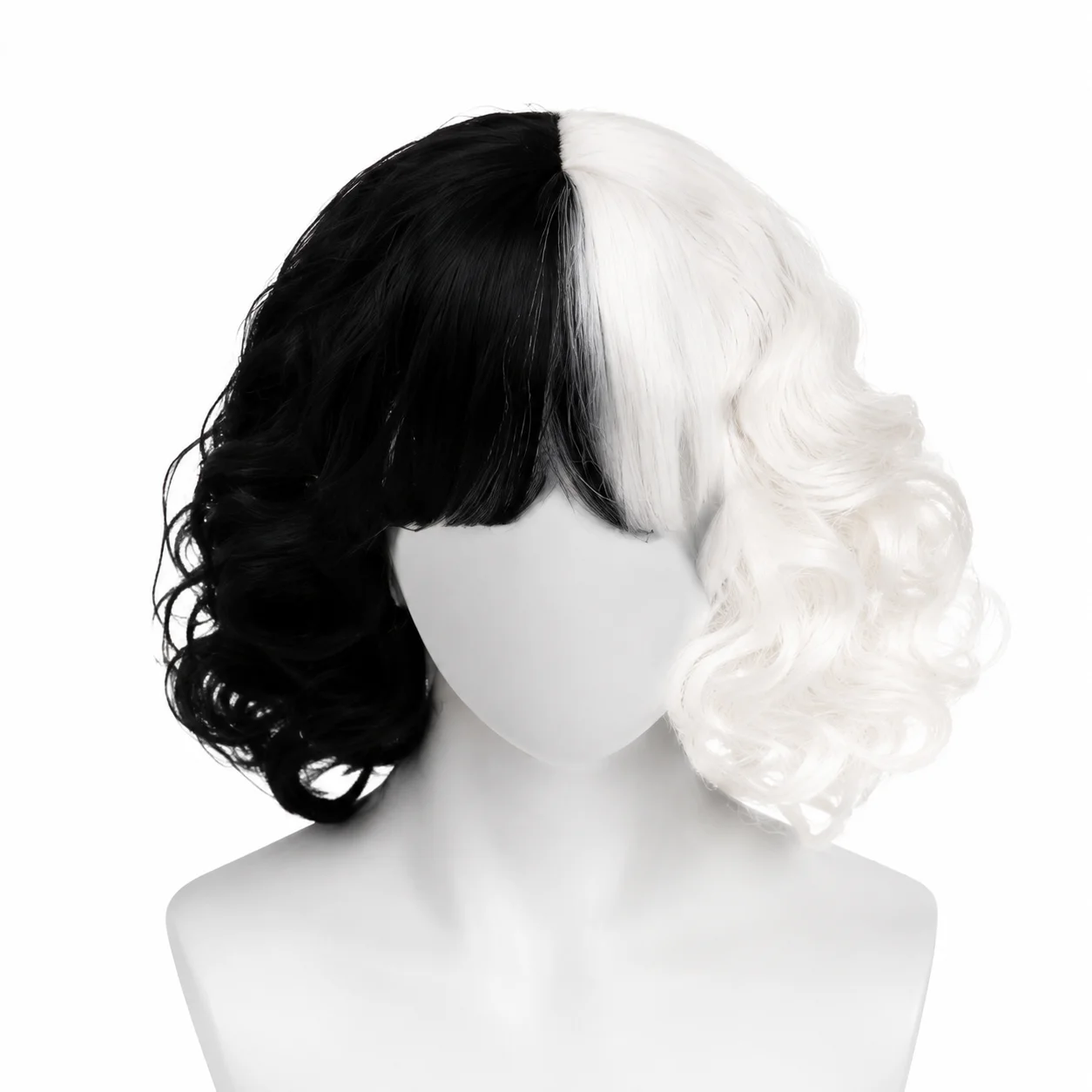 Black and White Half-and-Half Short Curly Wig with Bangs Synthetic Cosplay Wig for Halloween Themed Parties and Role-Play Events