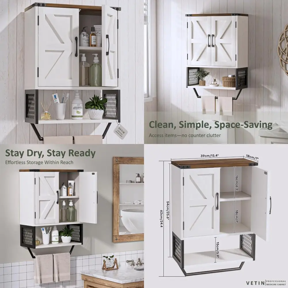 

Modern White Wall-Mounted Medicine Cabinet with Doors and Shelves, Over Toilet Storage Solution for Bathroom