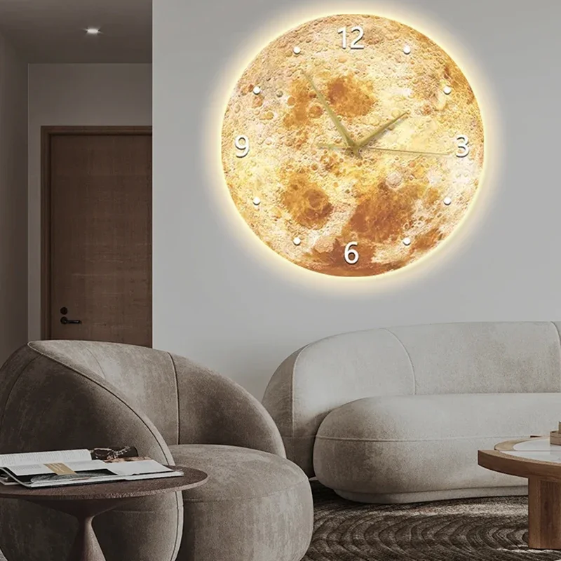 Modern Moon Wall Clock with Silent LED Light Creative Home Decor for Living Room Dining Room Wall Mounted Luxury Art Decoration