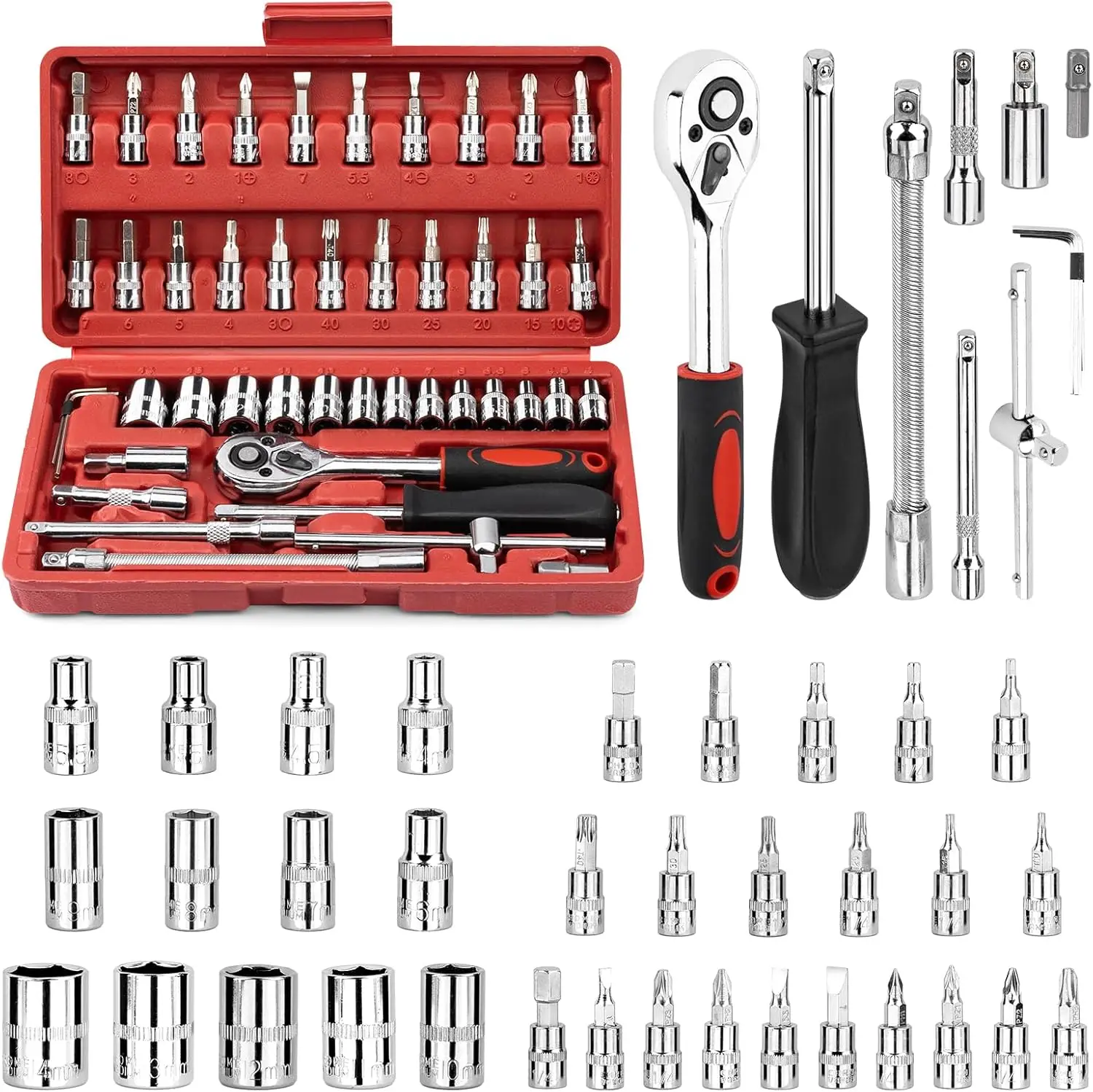 

46PCS 1/4' Drive Socket Set with Ratchet, Bits & Extension, Metric, Storage Case