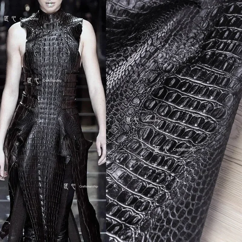 Leather Fabric Black Crocodile Pattern Leather Bag PU Material Designer Apparel Sewing Fabric Cloth Diy Material