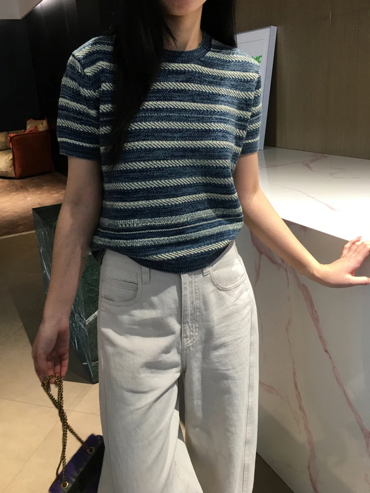 

Женская футболка Cuijia Early Spring Vintage свободного кроя из чистого хлопка в полоску с вышивкой и круглым вырезом, с короткими рукавами