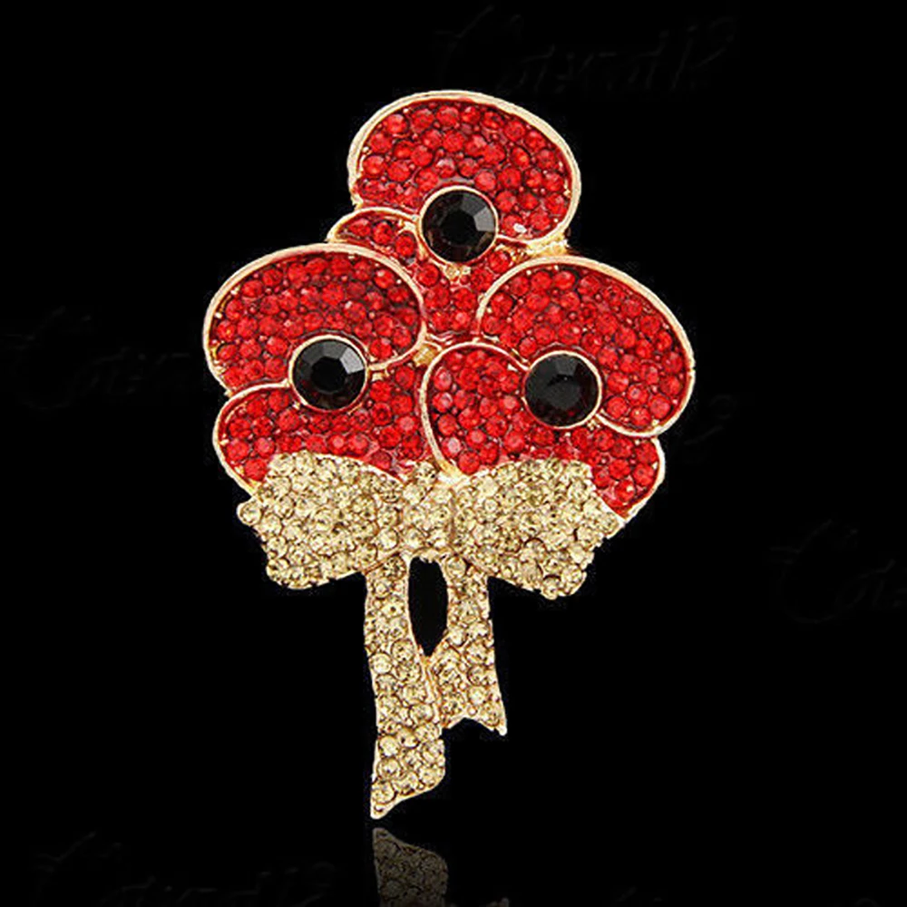 Vintage Crystal Shiny Rhinestone Brooch Red Poppy Flower Brooches Pin For Women Party Jewelry Gifts Clothing Accessories