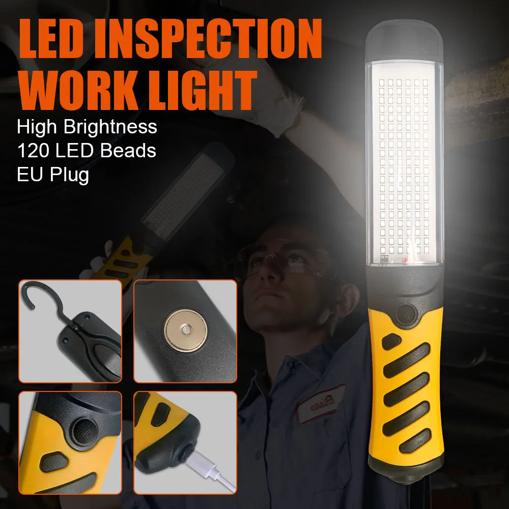 120 LED Beads Handheld Inspection Lamp 220V Work Light Strong Magnet Hook Waterproof Wide Beam for Garage Factory Maintenance