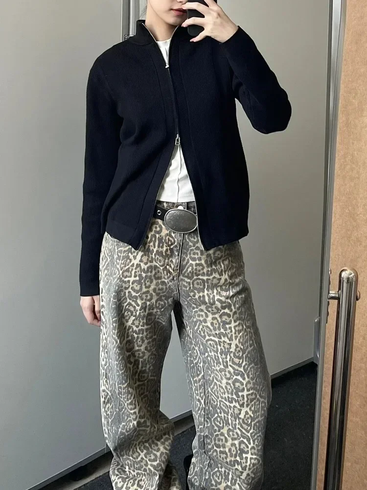 بنطلون جينز نسائي واسع الساق واسع جلد النمر ، بنطلون جينز فضفاض غير رسمي ، بنطلون عالي الخصر ، اتجاه هاراجاكي ، جمالي عتيق ، الربيع ، #5