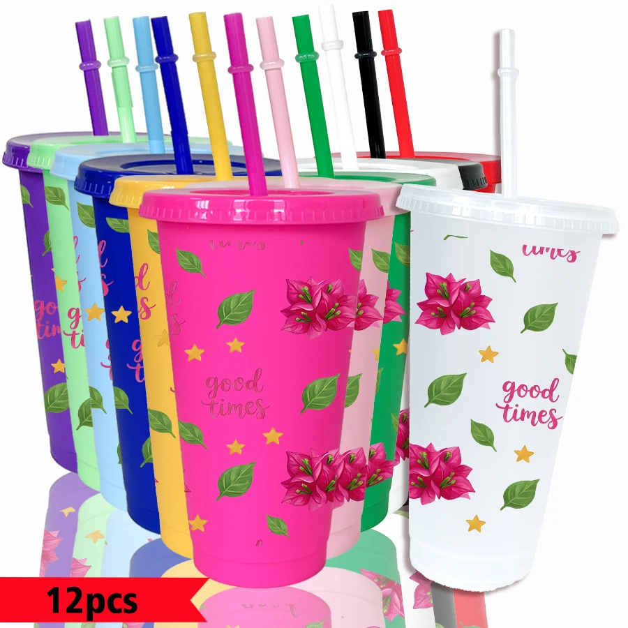12pcs/pack Flowers Leaves Words   Patterns 26oz Colored Plastic Party Cold Cups for Back-to-school Birthday Gifts