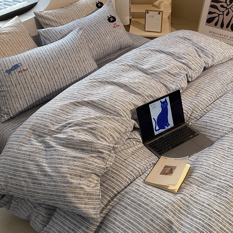 Cartoon Cotton-Linen Embroidery Bedding Sets High Quality Naked Sleeping Super Soft Bedsheet Set Queen King Quilt Kit for Adults