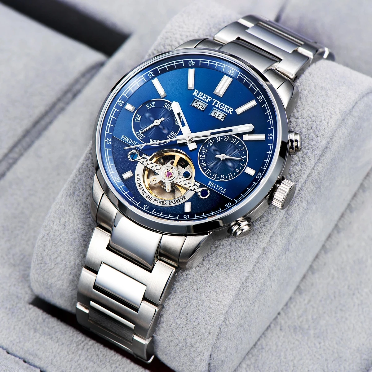 Reef Tiger/RT relojes para hombre, relojes mecánicos informales para hombre, calendario con fecha, resistente al agua, esfera azul, reloj de marca superior de acero inoxidable