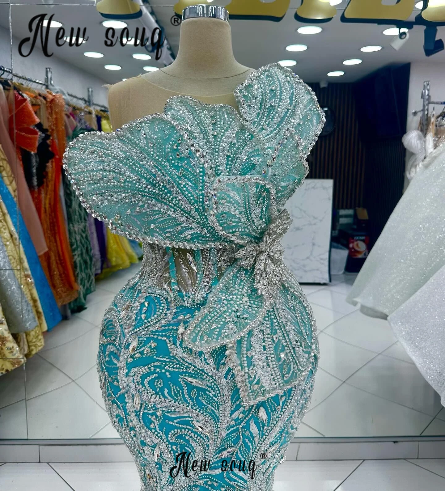 5D Crystal Leaf Mint Green Prom Dresses Long Mermaid Bespoke Occasion Dresses For Wedding Vestido De Gala Noche Mujer ﻿ ﻿