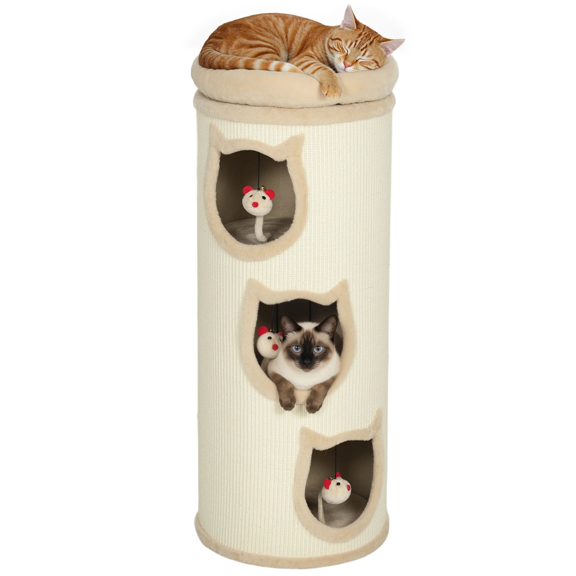 Torre de sisal Pawut de 96 cm con borde de felpa, 3 niveles con plataforma. Plataforma estable para gatos, para gatos pequeños y grandes, perfecta para afilar garras y jugar, Ø 38 cm, color crema
