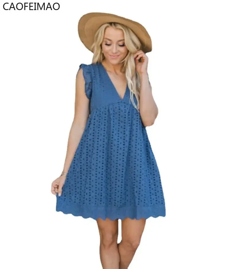 V-neck Summer Short Sleeve Lace Dress Hollow Casual Dress Women Party Dresses Ladies 2025 A Line Vestidos Robe with Pocket