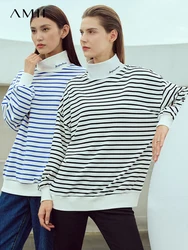 AMII Minimalism Turtleneck Striped Hoodies For Women 2023 Autumn New Loose Embroidered Streetwear Fashion Pullover Tops 12343110