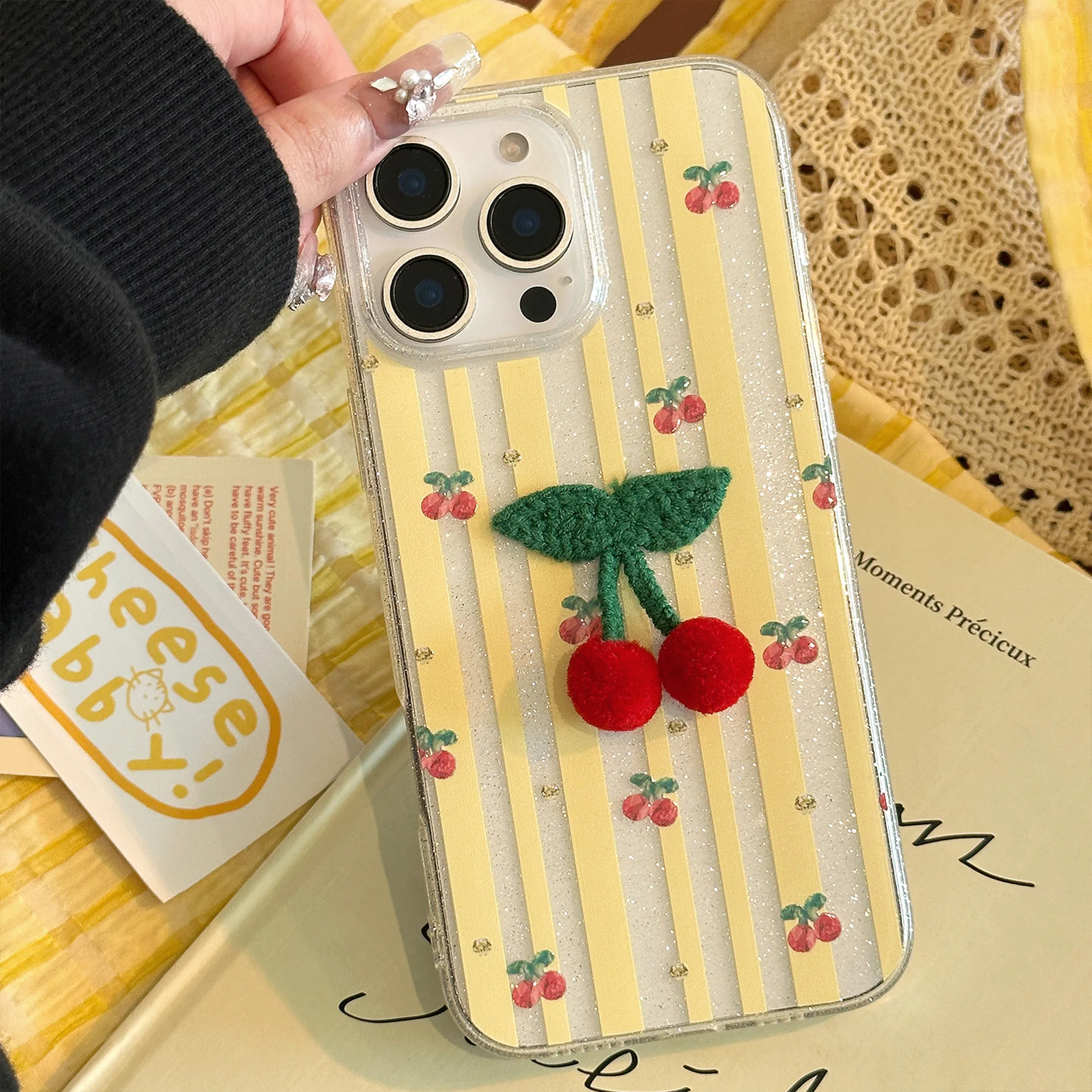 Korean Striped Glitter 3D Cherry Soft Phone Case With Lanyard For iPhone 16 15 14 12 13 11 Pro Max Shockproof Protective Cover view 6