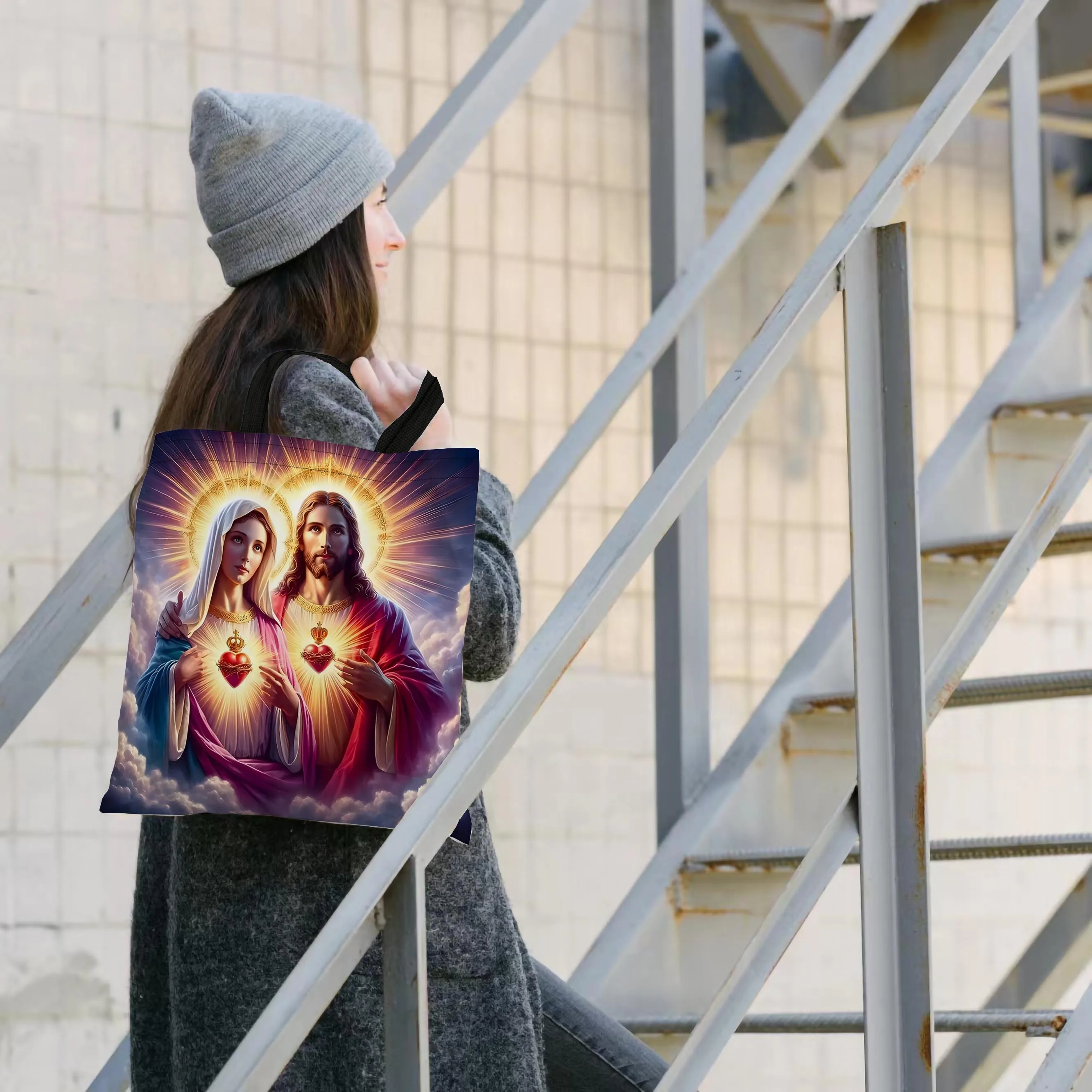 Virgin Mary & Jesus Love-Themed Tote Bag - Stylish Beach Shoulder Handbag with Top Handle, Perfect for Shopping, Travel, Work