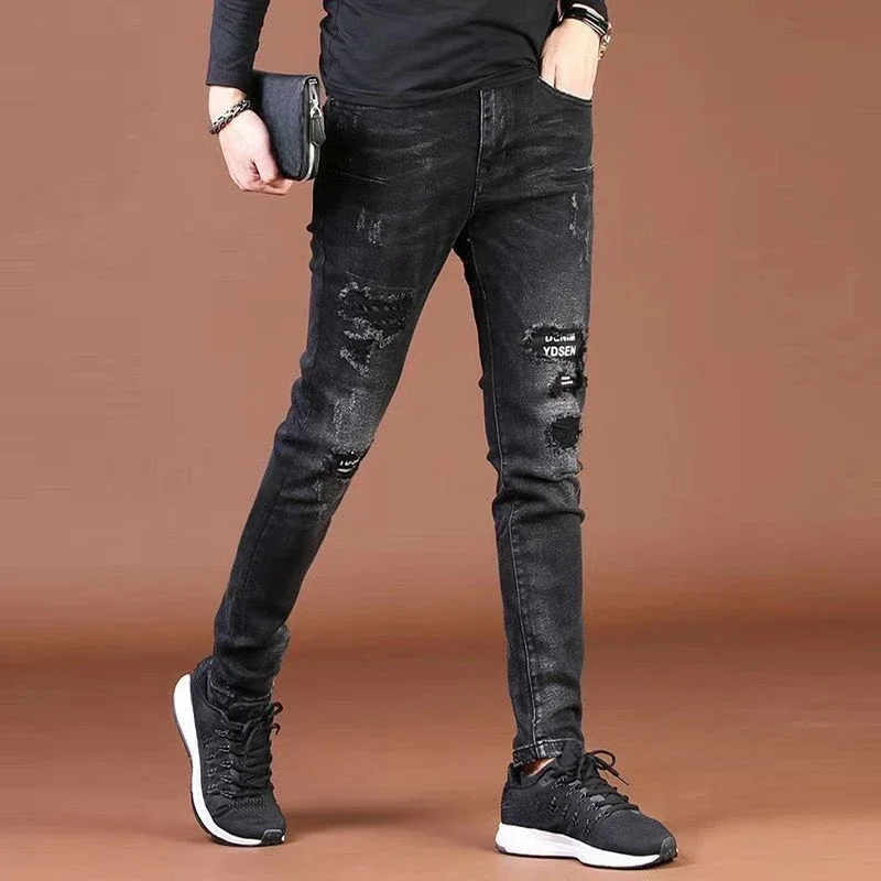 

Male Cowboy Pants Black Jeans for Men Broken Skinny Trousers Tight Pipe with Holes Patch Torn Cropped Slim Fit Ripped Xs Goth