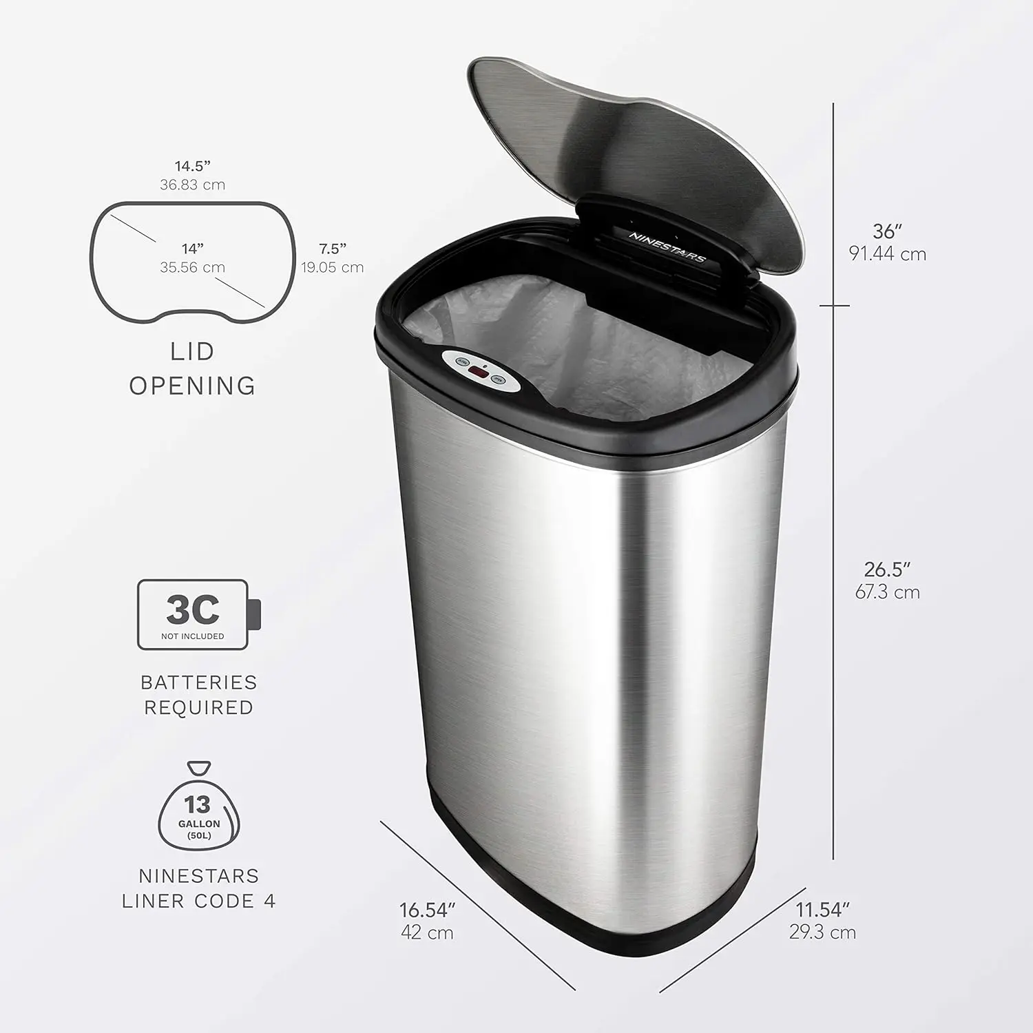 Trash Can 13 Gal 50L & 3 Gal 12L, Stainless Steel Base (Oval, Silver/Black Lid)