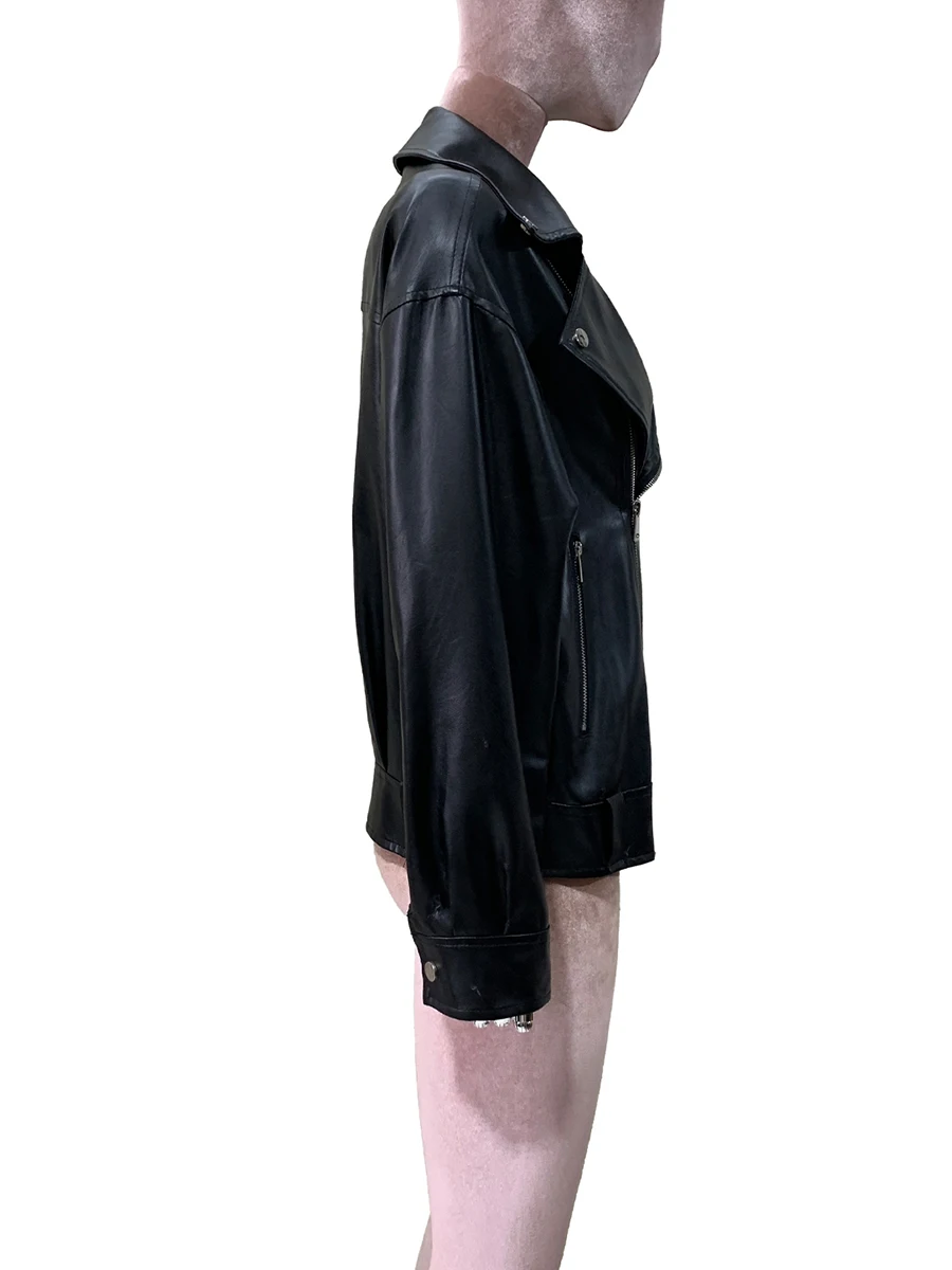 Primavera otoño corto negro suave ligero Pu cuero motocicleta chaqueta mujeres cremallera manga larga elegante ropa Casual suelta 2025