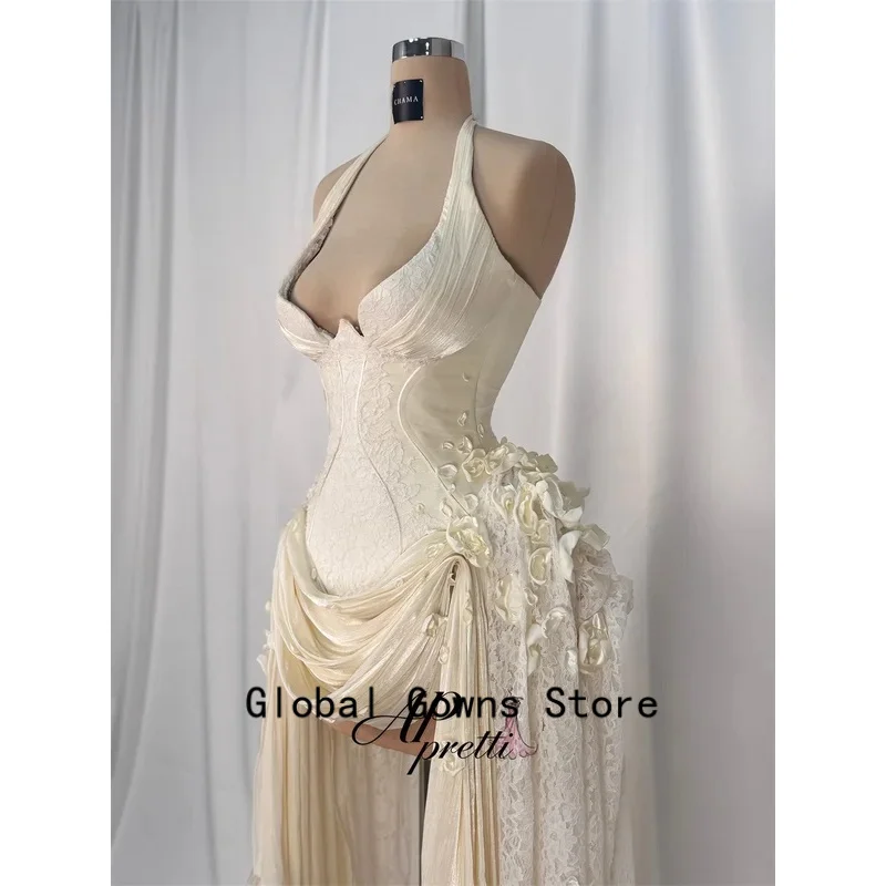 pretti Vintage Lace Mini Evening Dresses 3D Flowers Halter V Neck Pleats Mermaid Prom Gown Ruffle Party Dresses Customized ﻿