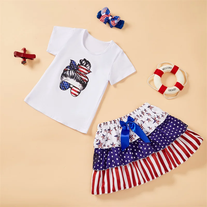 New Girls\' Festival Set Skirt 3 PCS Independence Day Festival Dress With Accessories Children\'s Clothing Set