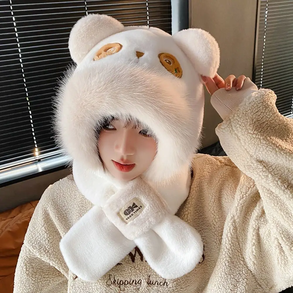 Trendy 3 in 1 Capybara Hat Scarf Set Cartoon Panda Scarf Hat Glove for Women Fluffy Warm Furry Scarf Cap Set Lady