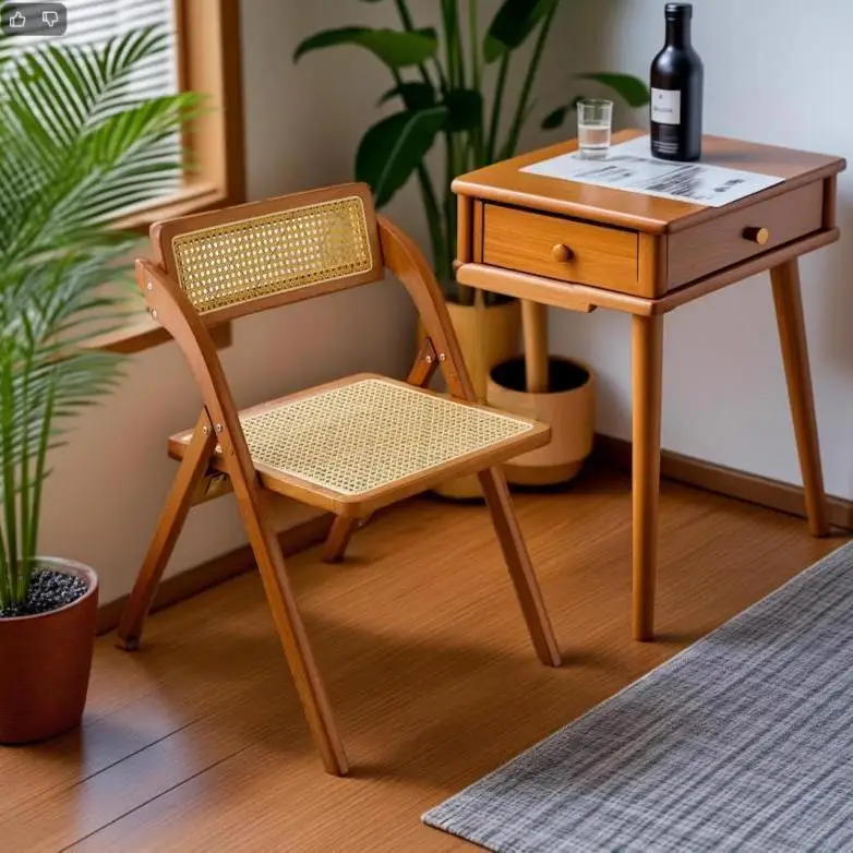 Midcentury Modern Solid Wood Folding Dining Chair Hand-Woven Seat Backrest Waterproof Space-Saving For Kitchen Balcony Caf