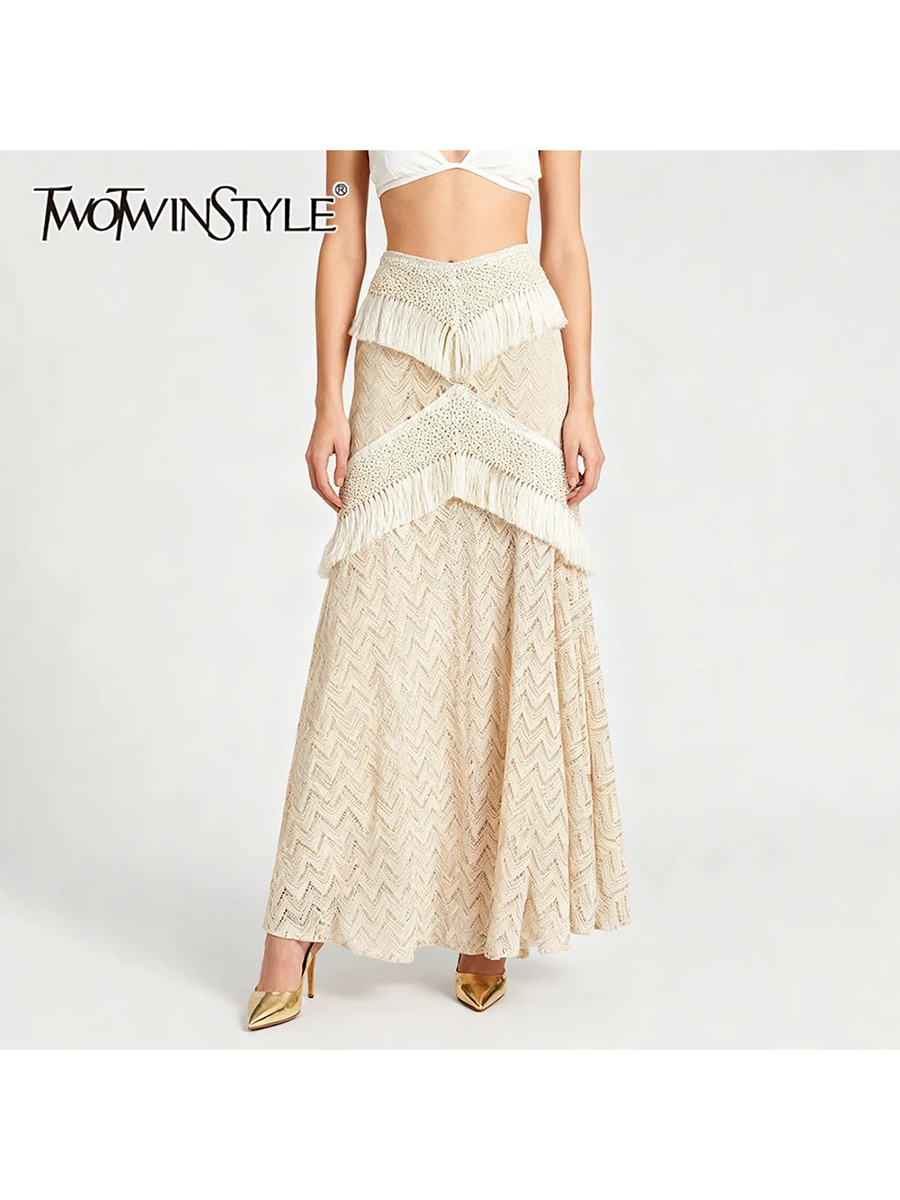 

TWOTWINSTYLE Solid Slimming Sheer Spliced Tassels Knit Skirts for Women High Waist Elegant Long Skirt Female Autumn Clothing New