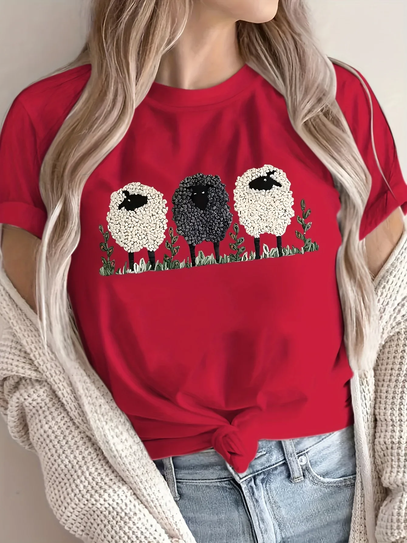 T-shirt casual a maniche corte da donna alla moda in tessuto traspirante girocollo con stampa di pecore