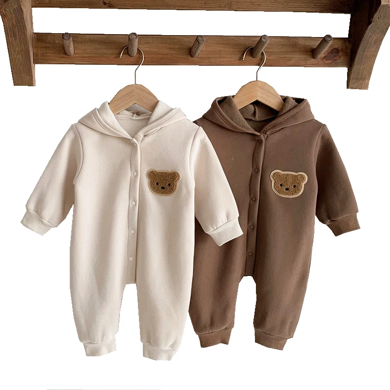 Fleece Lining Baby Boy Jumpsuits Korean Bear Hooded Kids Girl Sweatshirt Romper Kids Clothes Toddler Onesie Infant Outfit