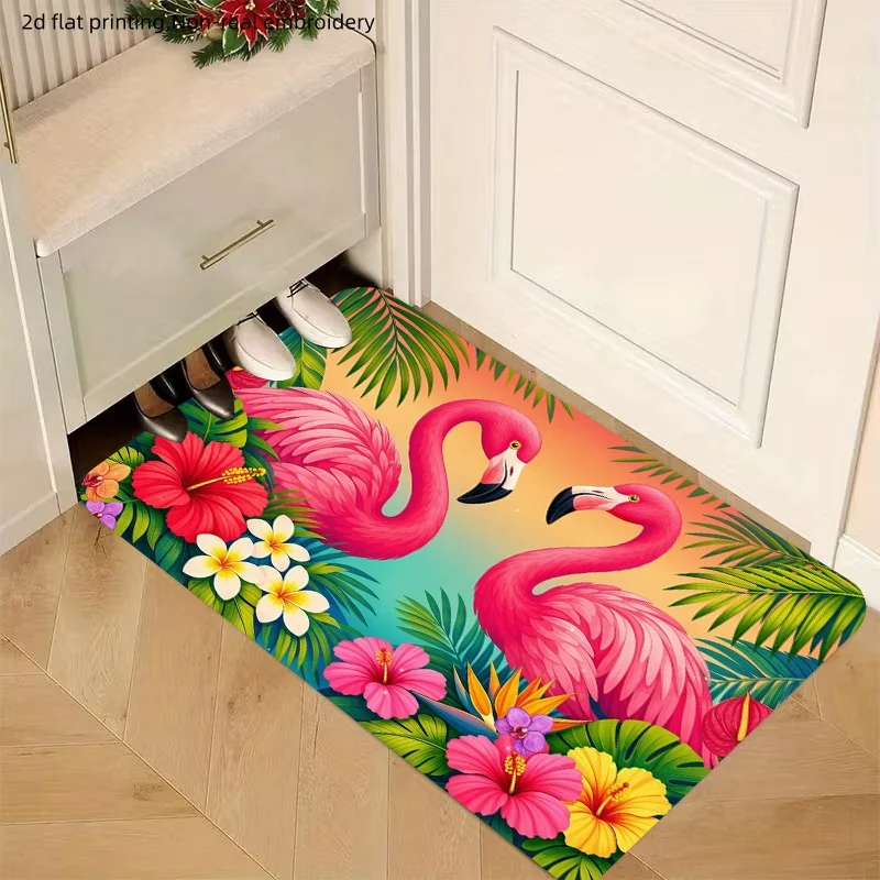 Flamingo Doormat 2D Flat Printed Tropical Flower Palm Leaf Floor Rug Non Real Embroidery for Entryway Indoor Home Decor