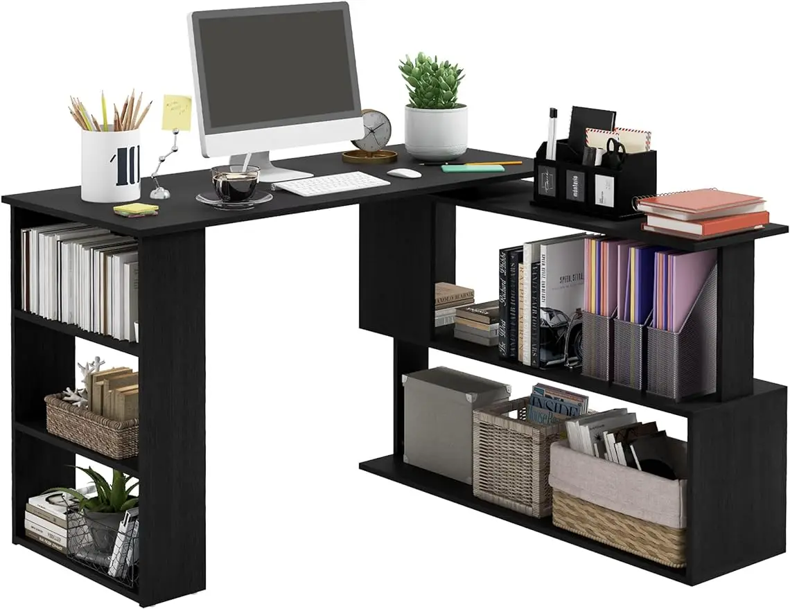 HOMCOM L Shaped Corner Desk, 360 Degree Rotating Home Office Desk with Storage Shelves, Writing Table Workstation, Black