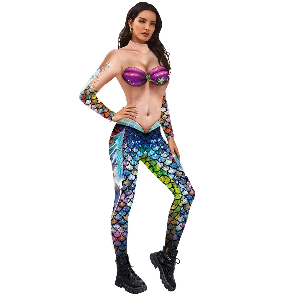 

2024 Halloween Mermaid Cosplay Costume Adult Holiday Party Disguise Sexy Bodysuit Oufit Fish Scale Printing Jumpsuit Catsuit