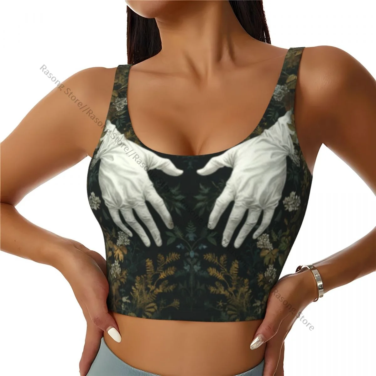 Yoga Vest Women Gym Sports Crop Tops Hands In White Gloves With Flowers Streetwear Workout Breathable Tank Top Female