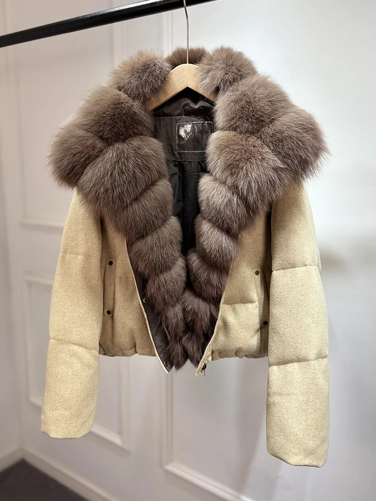 2026 Luxury Winter 90% White Duck Down Wool Blends Jacket Women Real Natural Huge Fox Fur Thickened Warm Puffer Wool Down Coat