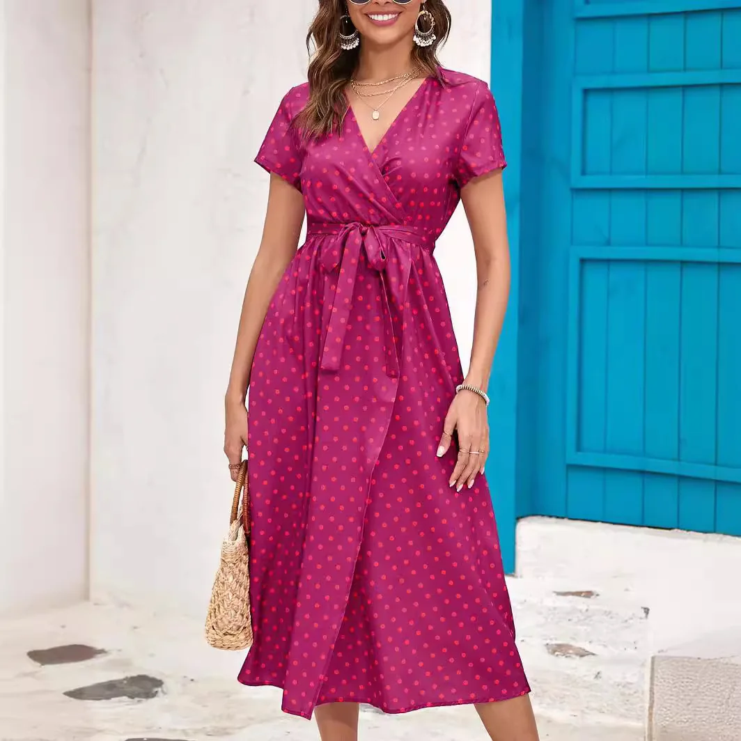 2024年夏 レディース Vネック プリント柄 ドレープ Aラインスカート クロスボーダー オルト スヴェ マキシ ドレープ ボヘミアンシック