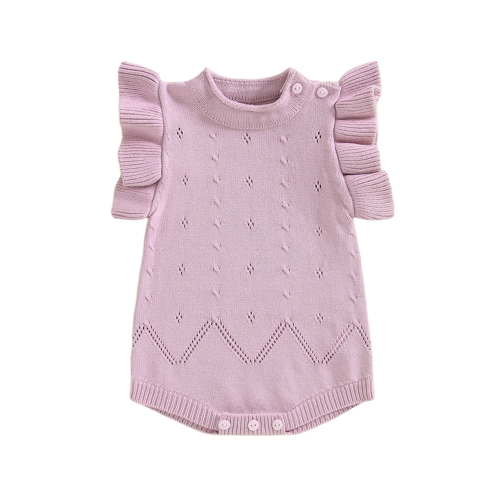 

Baby Girl Summer Knit Romper Loose Fit Solid Crew Neck Ruffled Trim Flying Sleeve Infant Jumpsuit