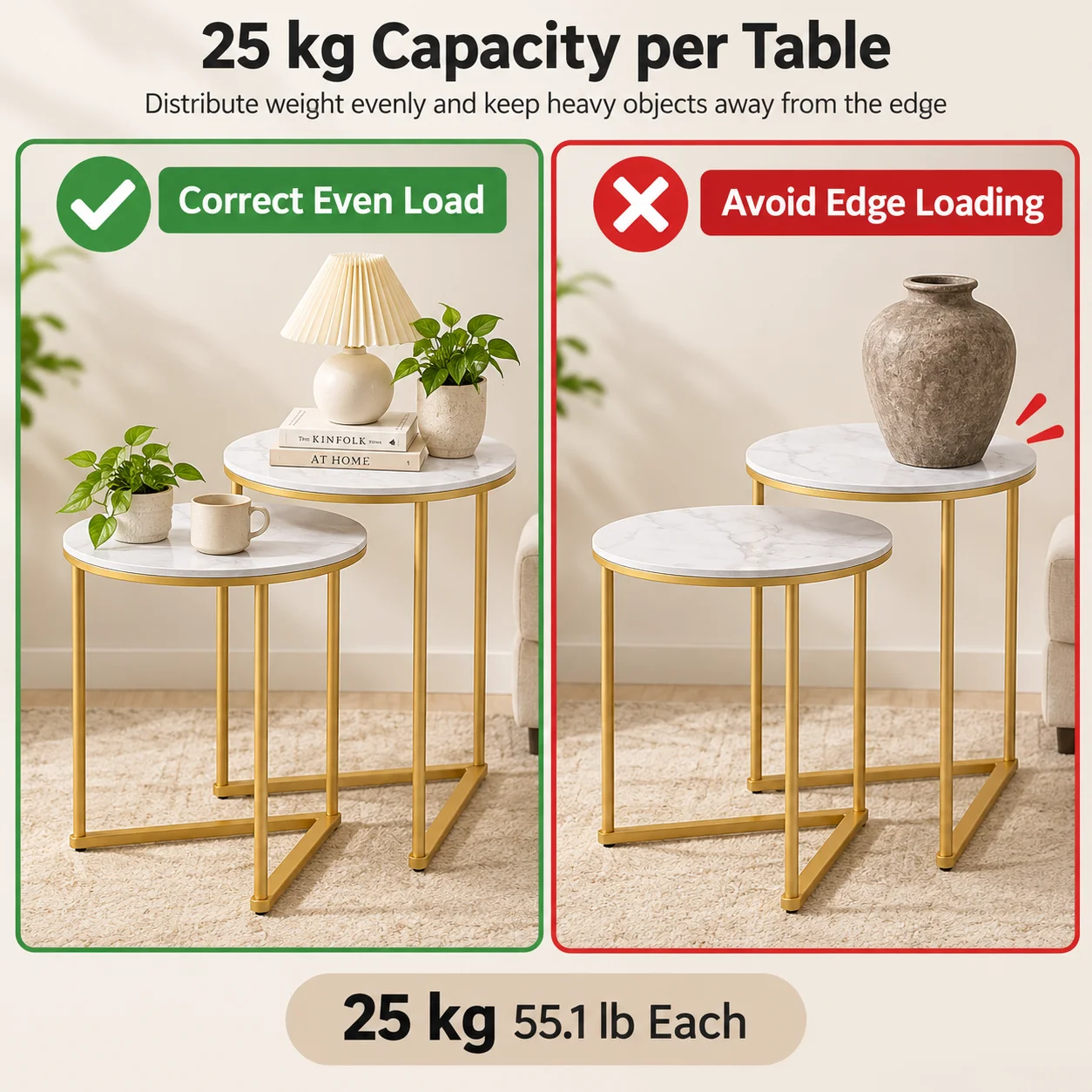 Set of 2 Round Nesting Side Tables 45cm Sintered Stone Tops Gold Metal Frame for Living Room Sofa Side