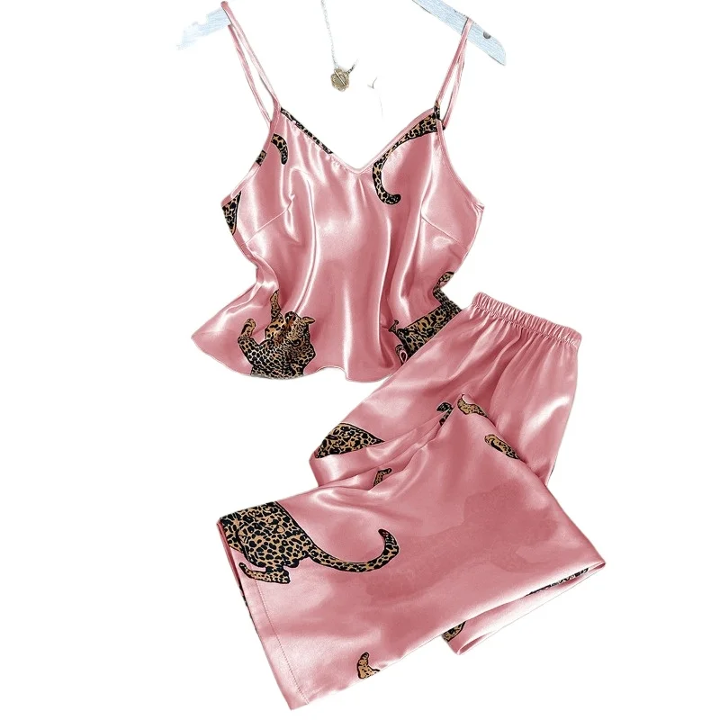 Pajamas Set Leopard Print Suspenders Trousers Set Fashion Simulation Silk Fashion Loungewear European and American Style Pajamas
