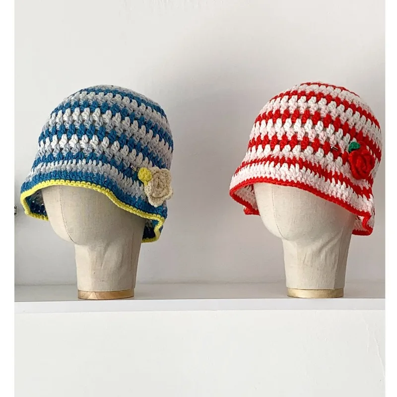 

New Handmade Contrasting Striped Knitted Bucket Hats Women Spring Summer Travel Fashion Versatile Detachable Flower Pullover Cap