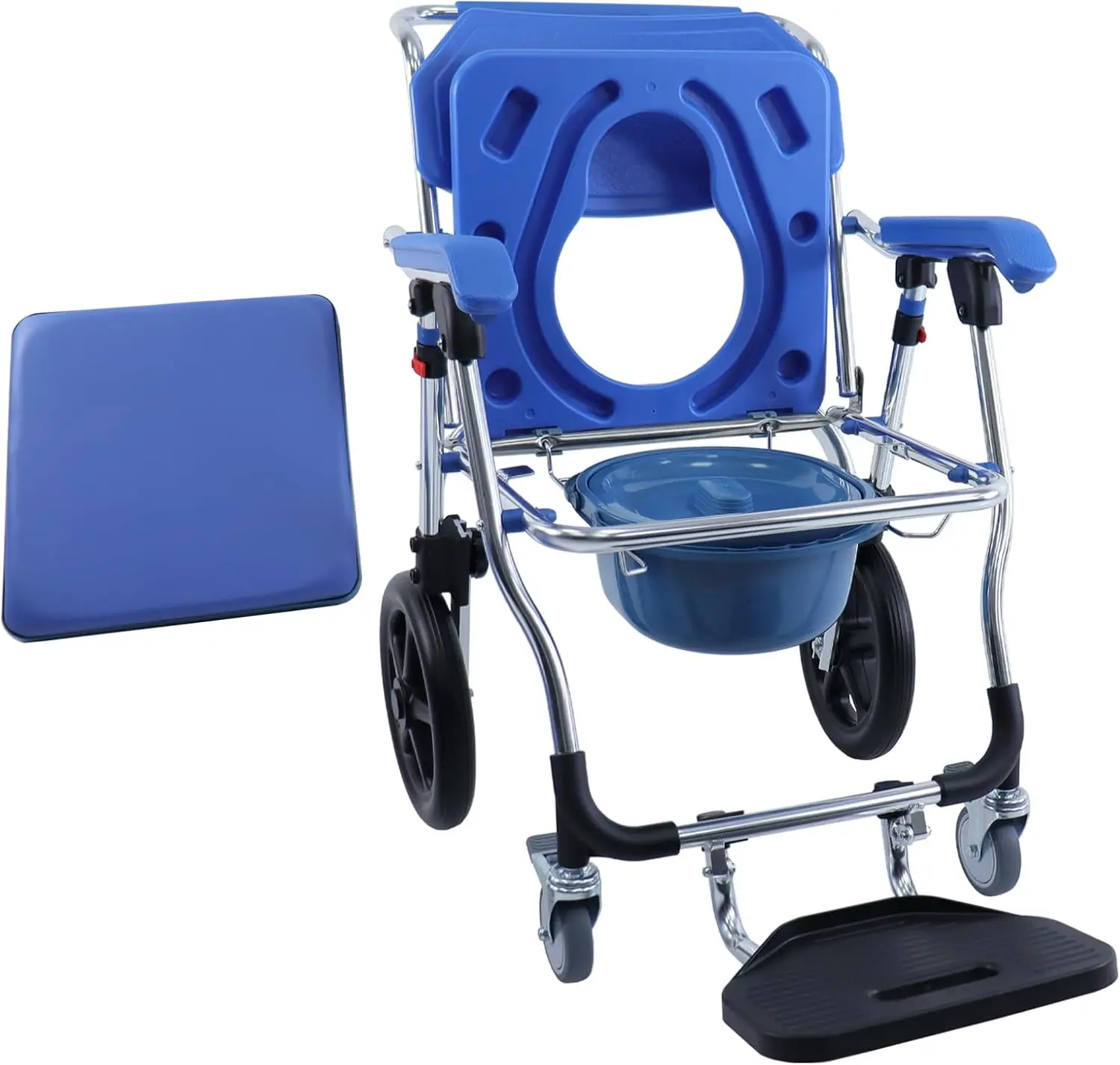300lbs Capacity Folding Commode Chair, Padded Seat, Waterproof, Rolling Armrests, Backrest, Manual Shower, Medical Devices