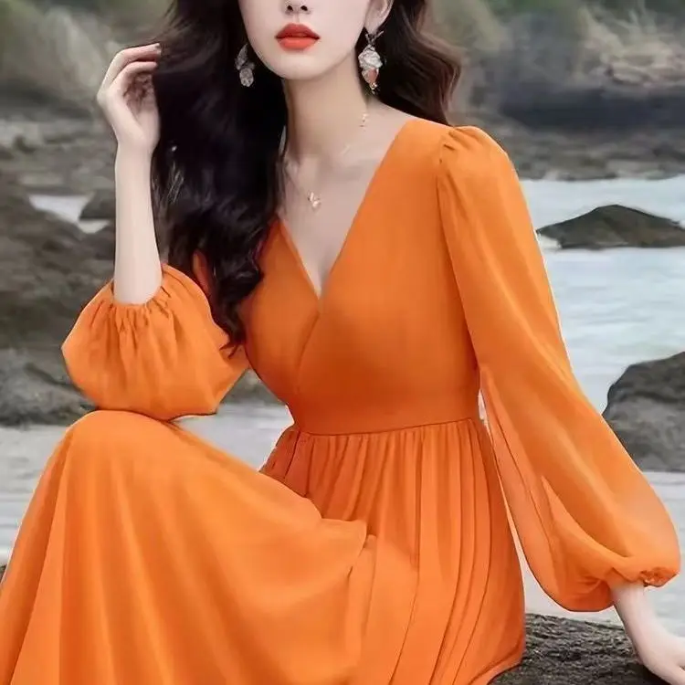 

Women's Elegant Solid Chiffon Maxi Dress V-Neck Puff Sleeves H-line Splited Evening Dresses Floor Length Party French Dress T903