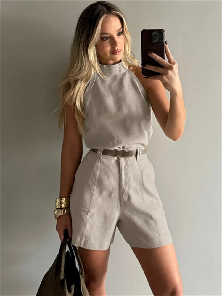 Tossy Commuting Two-Piece Shorts Set For Women Sleeveless Solid 2025 New Halter-Neck Top And High-Waisted Shorts Two-Piece Set