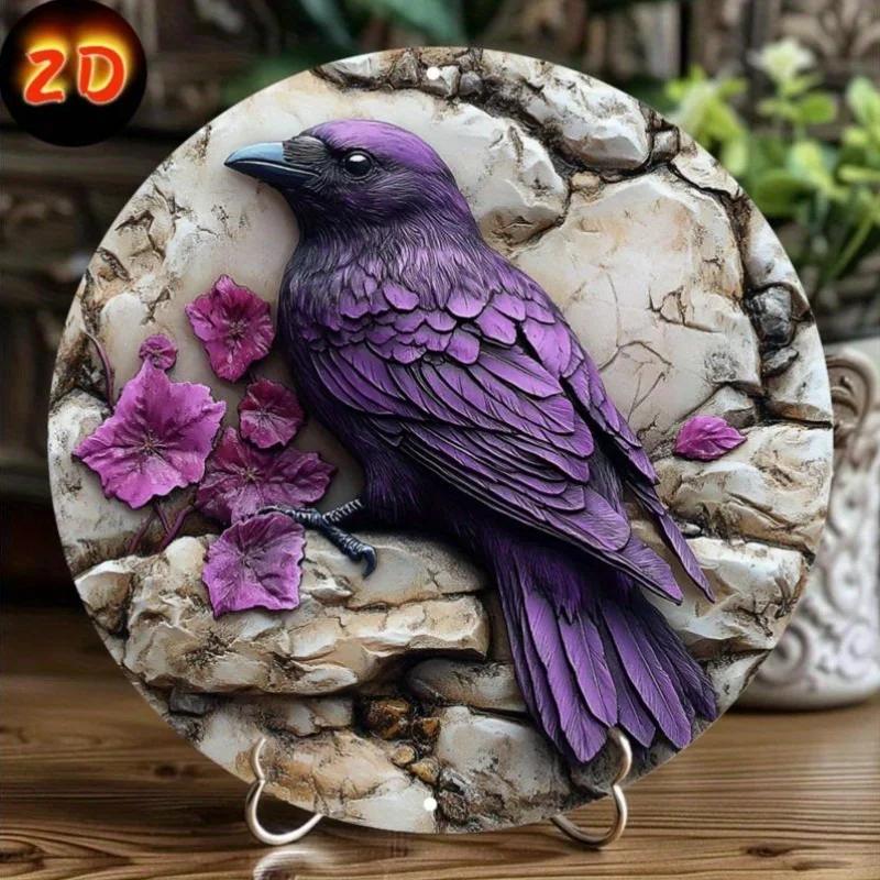 1pc Glam Style Purple Crow Circular Aluminum Sign, Wall Hanging Decor for Home, Garden, Bedroom, Bar, Bathroom, Party