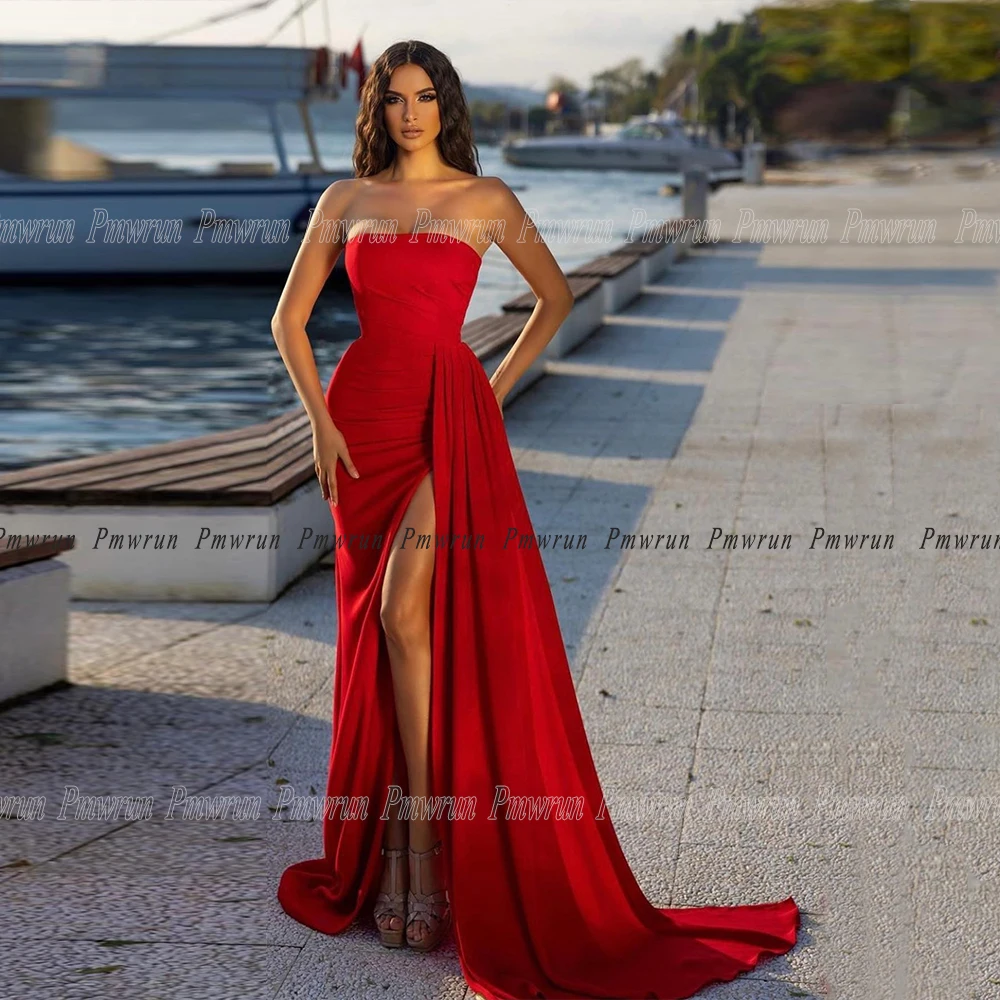 Evening Dresses Long 2024 Celebrity Party Split with Sweep Train Strapless Prom Gown For Woman Sleeveless Mono Vestido Fiesta