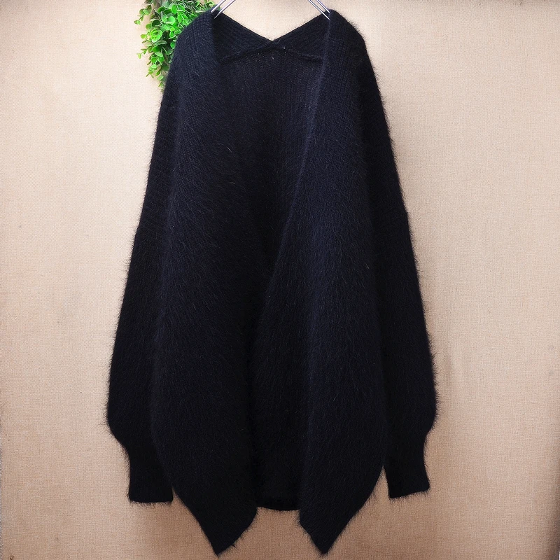 

Women Mujer Autumn Winter Clothes Hairy Angora Rabbit Hair Knitted Long Lantern Sleeves V-Neck Loose Long Cardigans Sweater Coat
